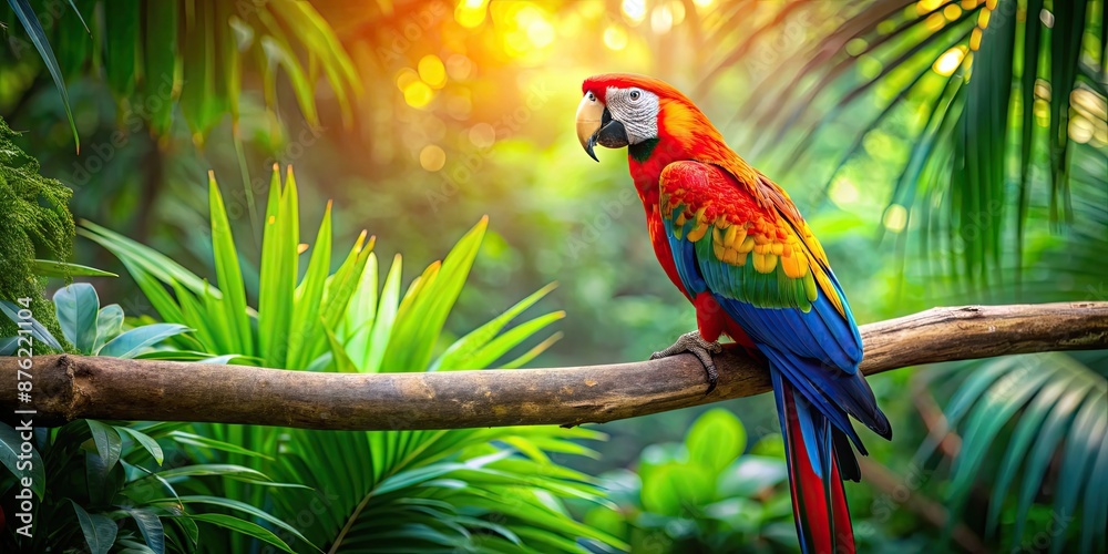 Colorful exotic macaw bird perching on a tree branch in a tropical rainforest , vibrant, feathered, tropical, wildlife Colorful exotic macaw bird perching on a tree branch in a tropical rainforest , vibrant, feathered, tropical, wildlife