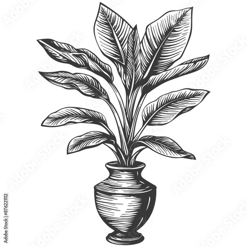 Ornate Potted Banana Tree Line Drawing