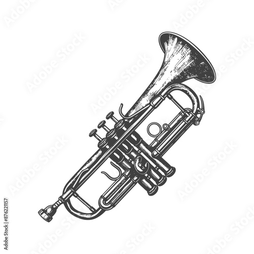 Detailed sketch of a vintage trumpet in black and white