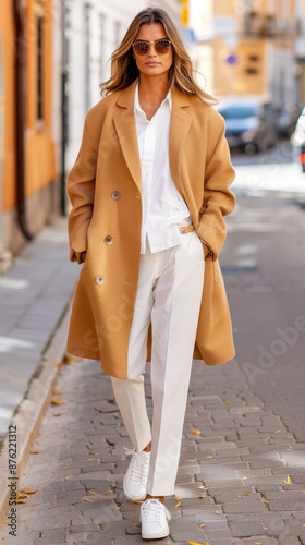 Stylish Woman In Camel Coat And White Outfit
