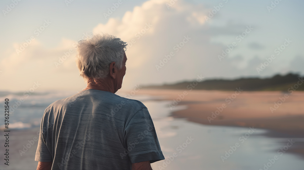Fototapeta premium Elderly Man Walking Along a Beach at Sunset, Reflective, Peaceful Scene