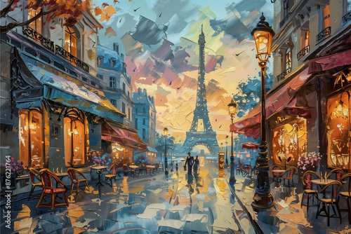 oil painting with palatte knife style of Paris street landscape location