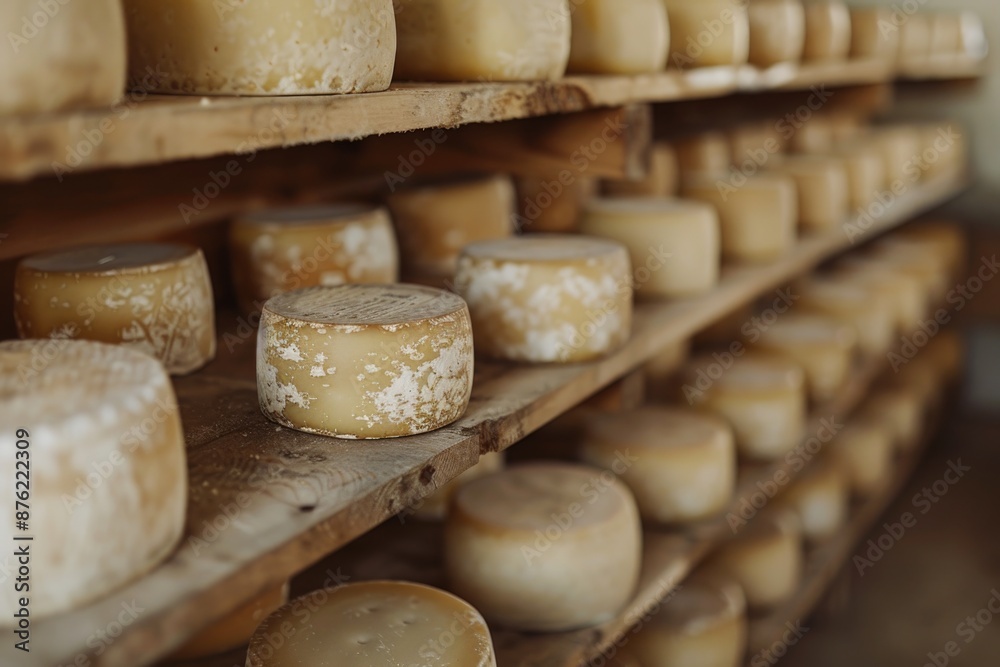 cheeses in the cellar on shelves for aging cheeses in the cellar on shelves for aging