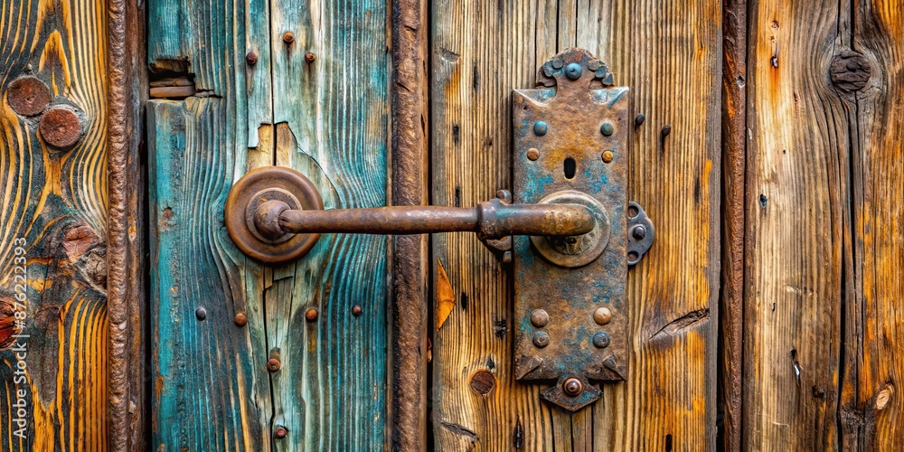 Old rustic door handle on weathered wooden door , vintage, aged, antique, retro, hardware, entrance, traditional, knob Old rustic door handle on weathered wooden door , vintage, aged, antique, retro, hardware, entrance, traditional, knob