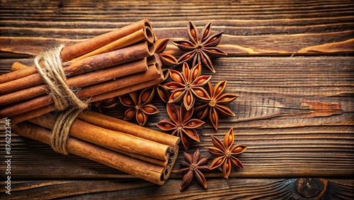 Cinnamon sticks and star anise on rustic wooden background , spice, seasoning, aromatic, natural, rustic, wood, cinnamon