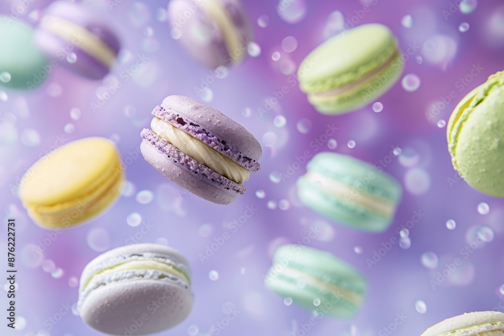 Obraz premium Whimsical Treats Afloat: Pastel-Hued Macaroons in Purple, Green, Blue, Cream, and Yellow