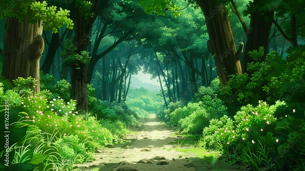 A lush green forest in a painting with a dirt path leading to a dense forest surrounded by tall trees and thriving foliage A lush green forest in a painting with a dirt path leading to a dense forest surrounded by tall trees and thriving foliage