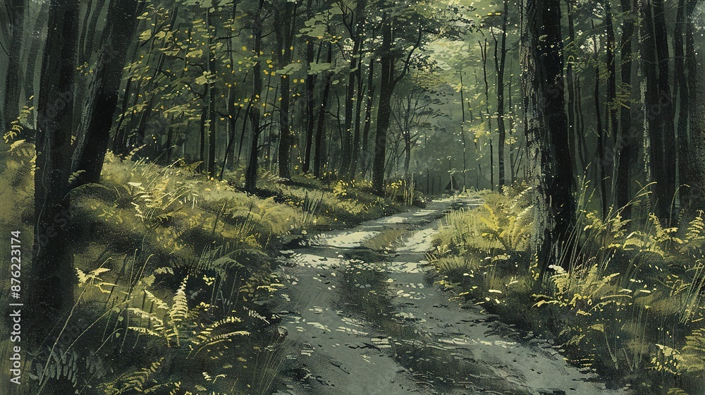 Obraz premium Dirt road amidst tall forest grass & trees