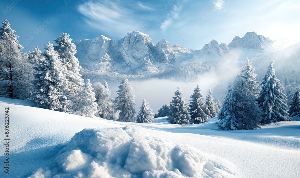 A snowy forest with mountains in the background. A snowy forest with mountains in the background.
