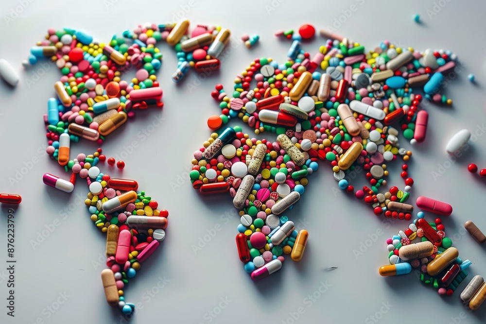 World Map Made of Medicine Pills, Pill Earth, Abstract Generative AI Illustration World Map Made of Medicine Pills, Pill Earth, Abstract Generative AI Illustration