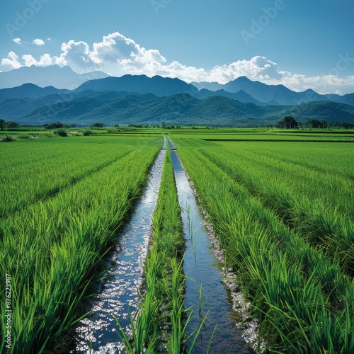Serene Rice Field Landscape with Irrigation Ditches and Mountain View on Clear Blue Sky Day