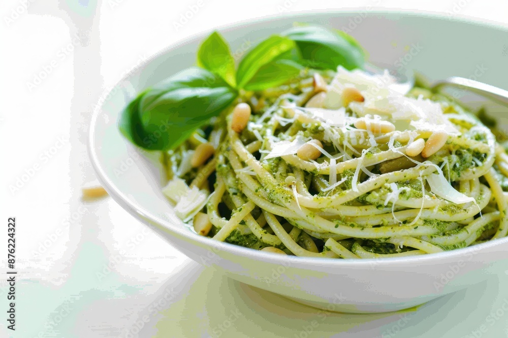 Culinary Delight - Bowl of Pesto Pasta with Pine Nuts and Parmesan on White Background with Clear Light Culinary Delight - Bowl of Pesto Pasta with Pine Nuts and Parmesan on White Background with Clear Light