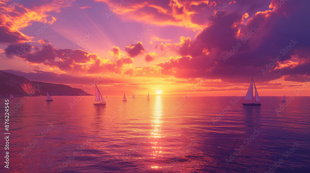 Literal description of the image: Sailing boats on the ocean at sunset with purple and orange sky. Literal description of the image: Sailing boats on the ocean at sunset with purple and orange sky.
