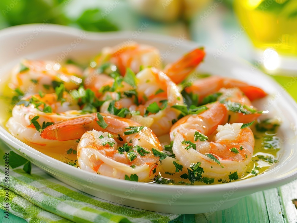 Delicious Shrimp Scampi with Garlic and Parsley on Green Background in Clear Light Delicious Shrimp Scampi with Garlic and Parsley on Green Background in Clear Light