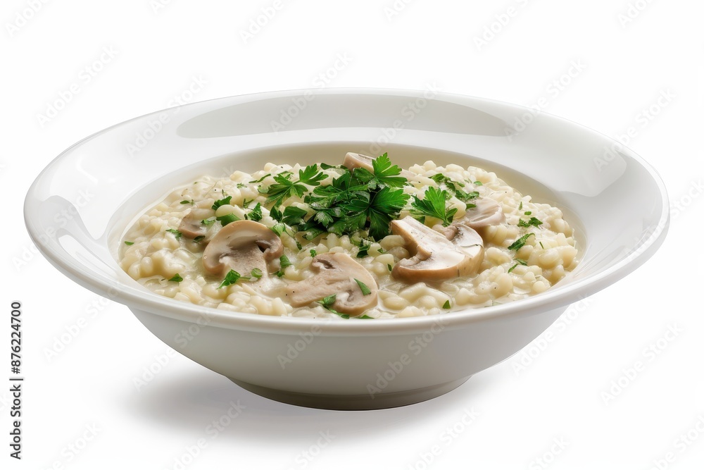 Creamy Mushroom Risotto Delight on a White Background with Clear Light Creamy Mushroom Risotto Delight on a White Background with Clear Light