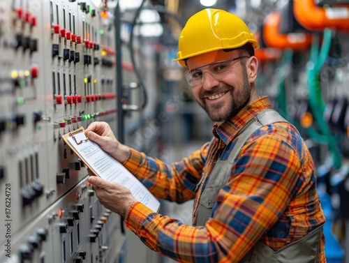 Portrait of happy man, engineering and technician at control panel, inspection and maintenance planning on clipboard