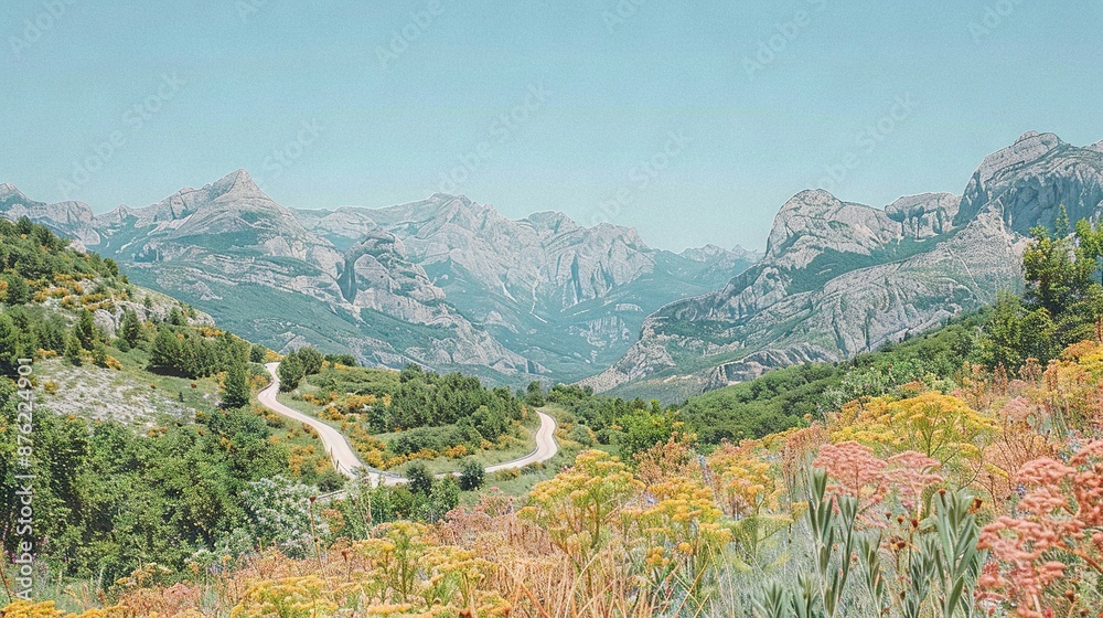 Naklejka premium A winding mountain road with wildflowers in the foreground