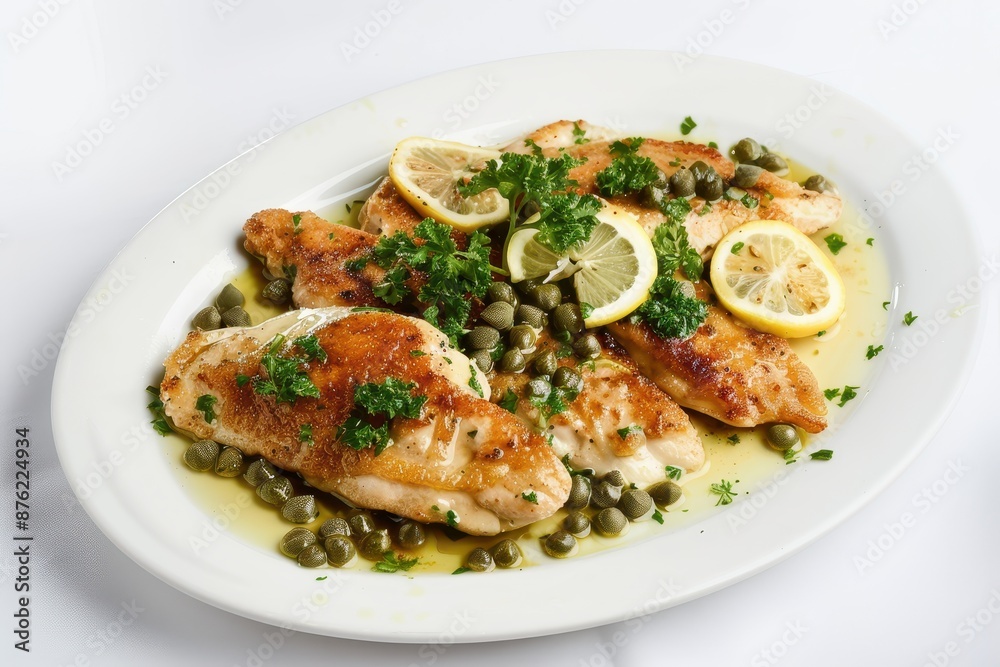 Savory Chicken Piccata Delight with Capers and Zesty Lemon Sauce on Clear Light Background Savory Chicken Piccata Delight with Capers and Zesty Lemon Sauce on Clear Light Background