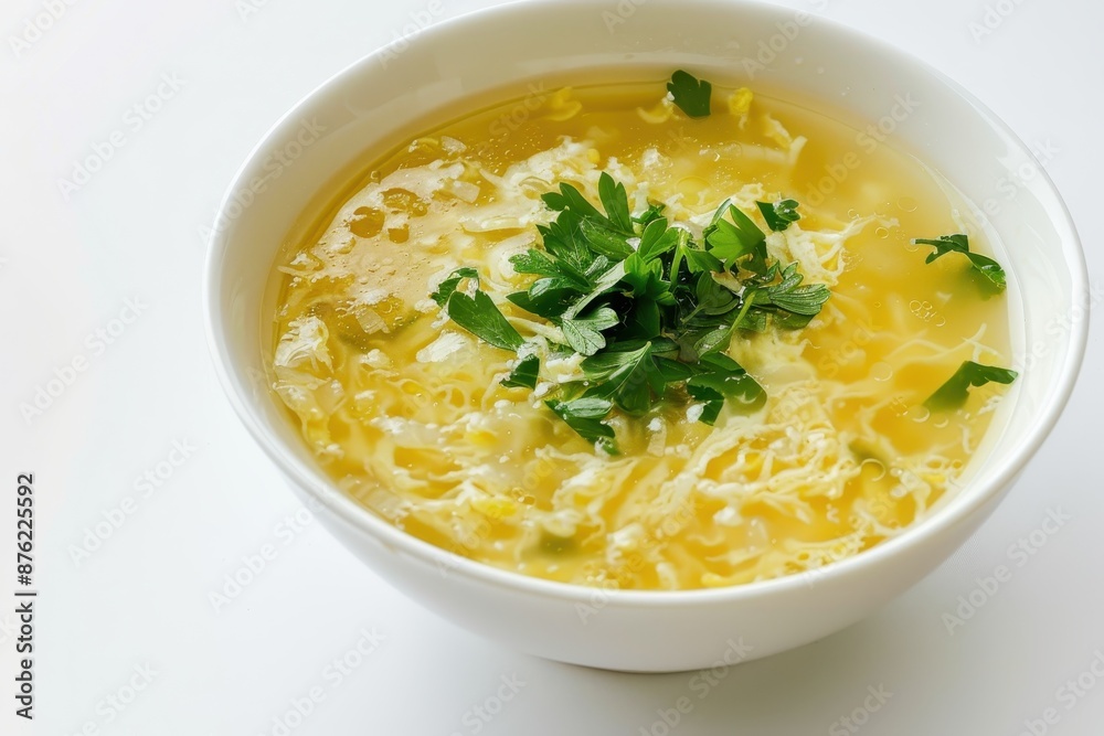 Delicious Egg Drop Soup with Italian Herbs on White Background in Clear Light Delicious Egg Drop Soup with Italian Herbs on White Background in Clear Light