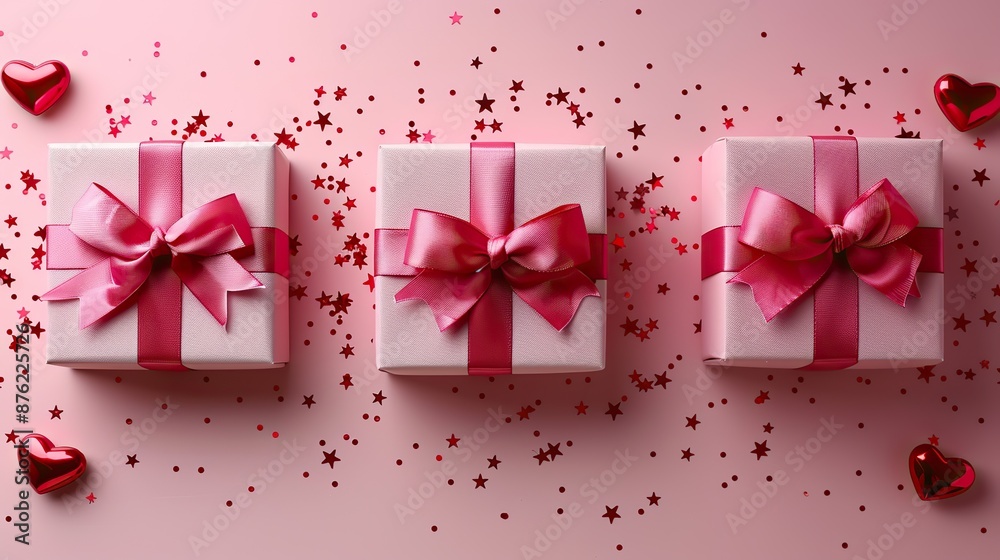 happy valentine s day concept flat lay composition,pink gift boxes,red ribbon bow red hearts on pastel pink background top view.illustration happy valentine s day concept flat lay composition,pink gift boxes,red ribbon bow red hearts on pastel pink background top view.illustration