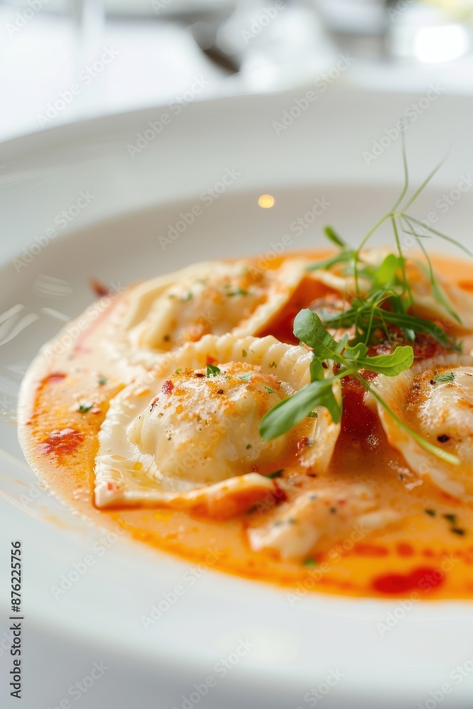 Exquisite Lobster Ravioli in Creamy Tomato Sauce on Pastel Background with Soft Lighting Exquisite Lobster Ravioli in Creamy Tomato Sauce on Pastel Background with Soft Lighting