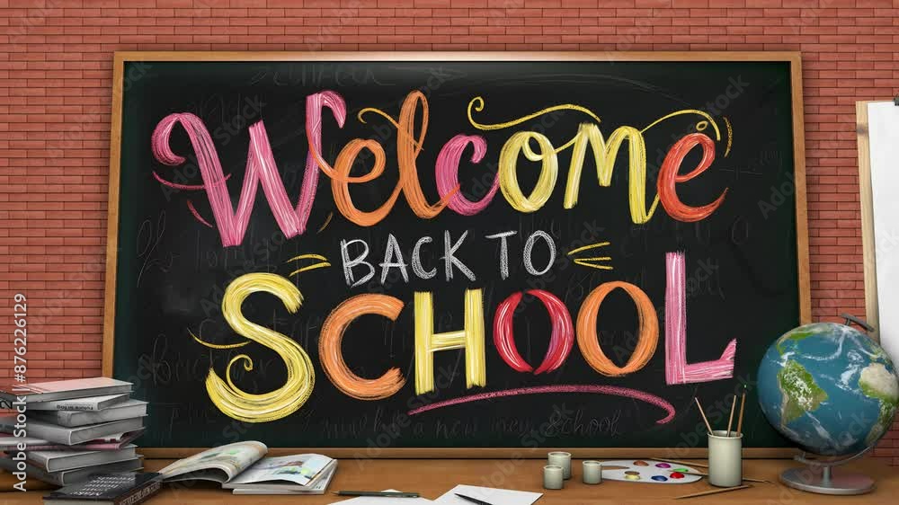 Animated welcome back to school, written in colorful, stylized chalk, surrounded by school supplies, books, a globe.
