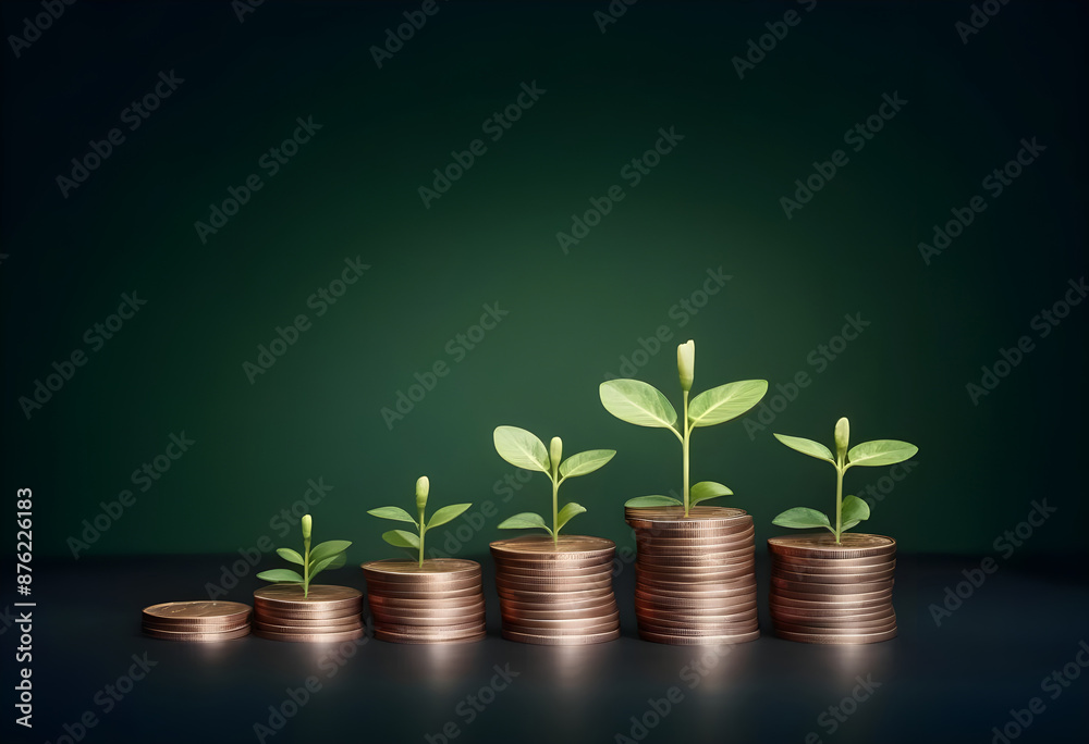 Economic Growth Concept with Plant Sprouting from a Stack of Coins