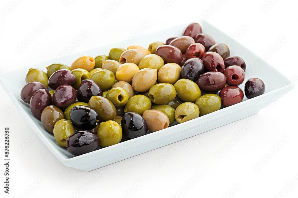 Vibrant Spanish Olive Platter on White Background with Illuminating Light Vibrant Spanish Olive Platter on White Background with Illuminating Light
