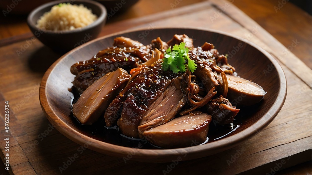 adobong pato duck cooked in vinegar soy sauce garlic Filipino dish served aesthetically in wooden plate and table adobong pato duck cooked in vinegar soy sauce garlic Filipino dish served aesthetically in wooden plate and table