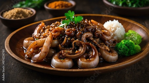 adobong pusit squid cooked in vinegar soy sauce garli Filipino dish served aesthetically in wooden plate and table photo