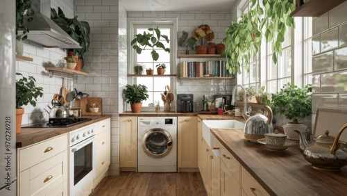 A kitchen with a washing machine and sink in it, AI