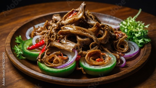 dinakdakan ilocano dish made from grilled pork parts Filipino dish served aesthetically in wooden plate and table photo