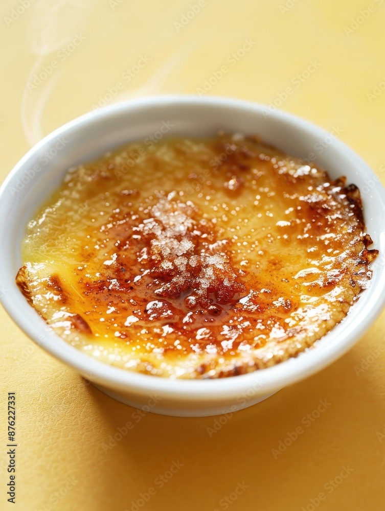 Delicious Crema Catalana Dessert with Caramelized Sugar on Yellow Background in Clear Light. Delicious Crema Catalana Dessert with Caramelized Sugar on Yellow Background in Clear Light.