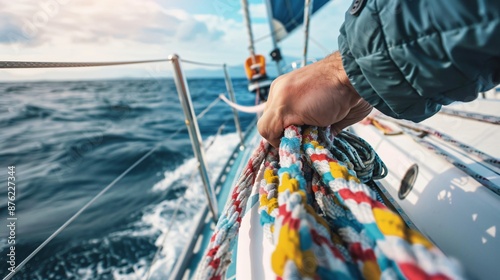 Close up shot of the person's hands pulling ropes on a colorful sailboat in a minimalist sea