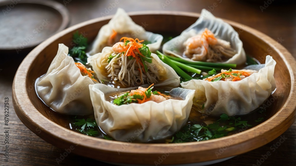 Obraz premium pancit molo dumpling soup with pork shrimp and molo w Filipino dish served aesthetically in wooden plate and table