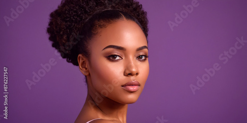 Young adult model posing on a purple background for beauty portrait