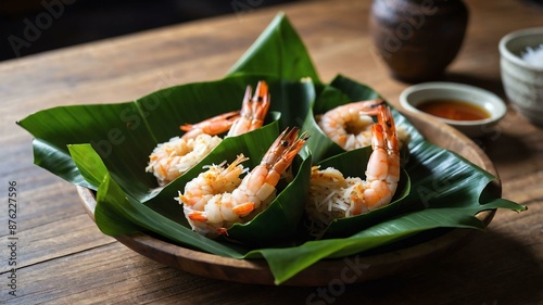 pinais na hipon shrimp and shredded young coconut wra Filipino dish served aesthetically in wooden plate and table photo