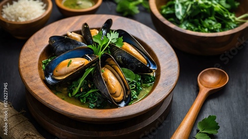 tinolang tahong mussels cooked in ginger broth with l Filipino dish served aesthetically in wooden plate and table photo