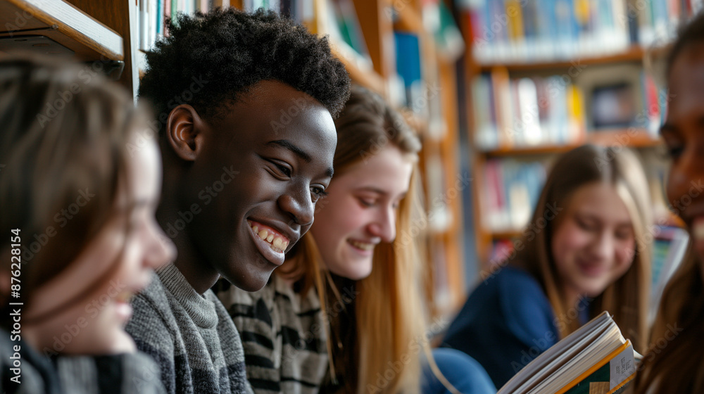 Group of cheerful teenagers with books in a school library Group of cheerful teenagers with books in a school library