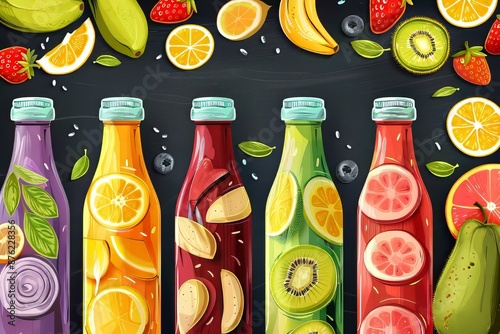 Bottles of colorful fruit juice with fresh fruit slices and leaves on a dark background photo