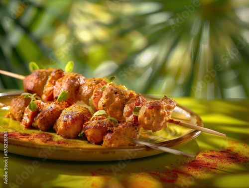 Authentic Pinchos Morunos - Spanish Moorish Skewers Plated with Exotic Spices on Green Background under Soft Natural Light photo