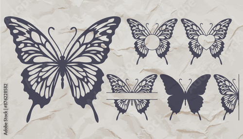 Swallowtail butterfly set. Collection of butterfly monogram frames and silhouettes. Vector illustration. 