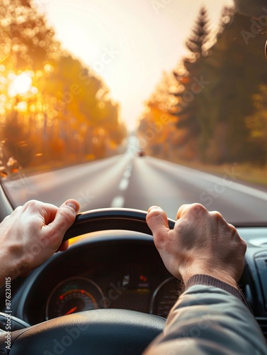 Car driver's hands on the steering wheel, road trip, driving on the highway, driving, self drive tour, tourism, business trip, novice driver, driving license test, coach, transportation, mobility scoo photo