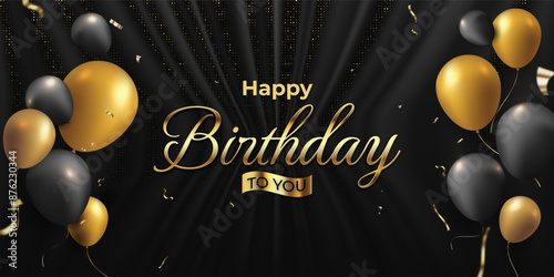 Luxurious Gold and Black Birthday Celebration Background featuring elegant gold balloons, confetti and glitters. Sophisticated designs perfect for invitations, banners and social media posts