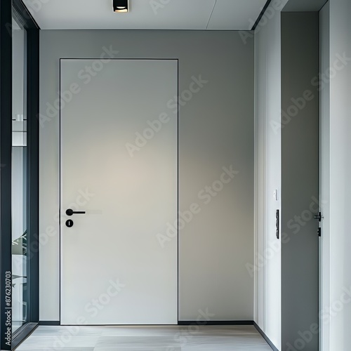 Minimalist Interior with White Door and Dark Trim