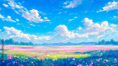 Vibrant Spring Meadow with Wildflowers Under a Bright Blue Sky