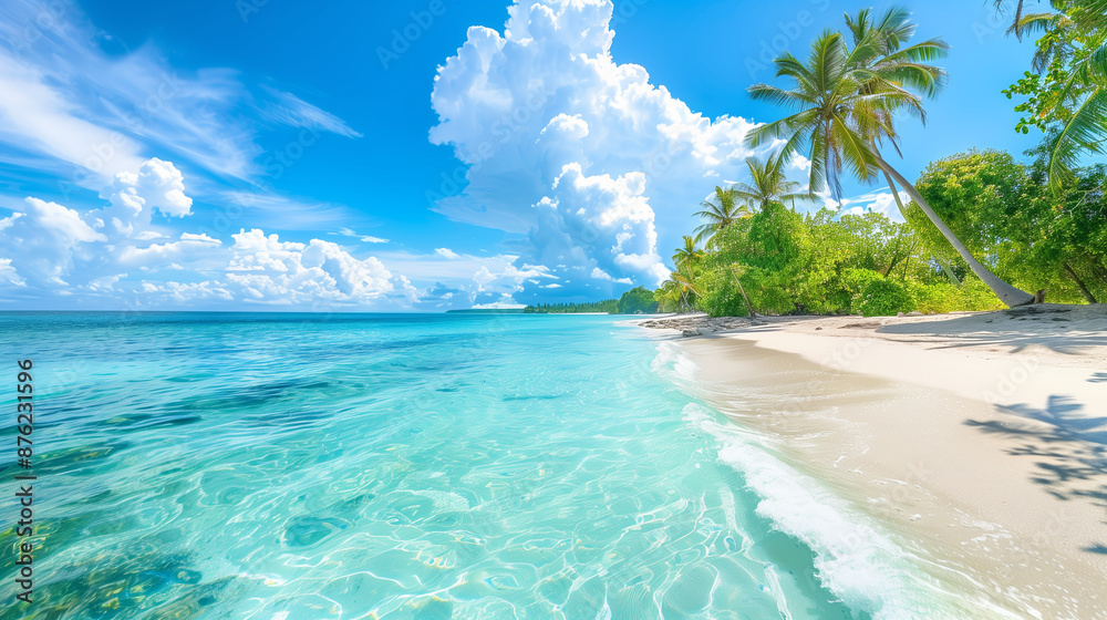 Fototapeta premium Tropical beach with clear water, palm trees, and fluffy clouds.