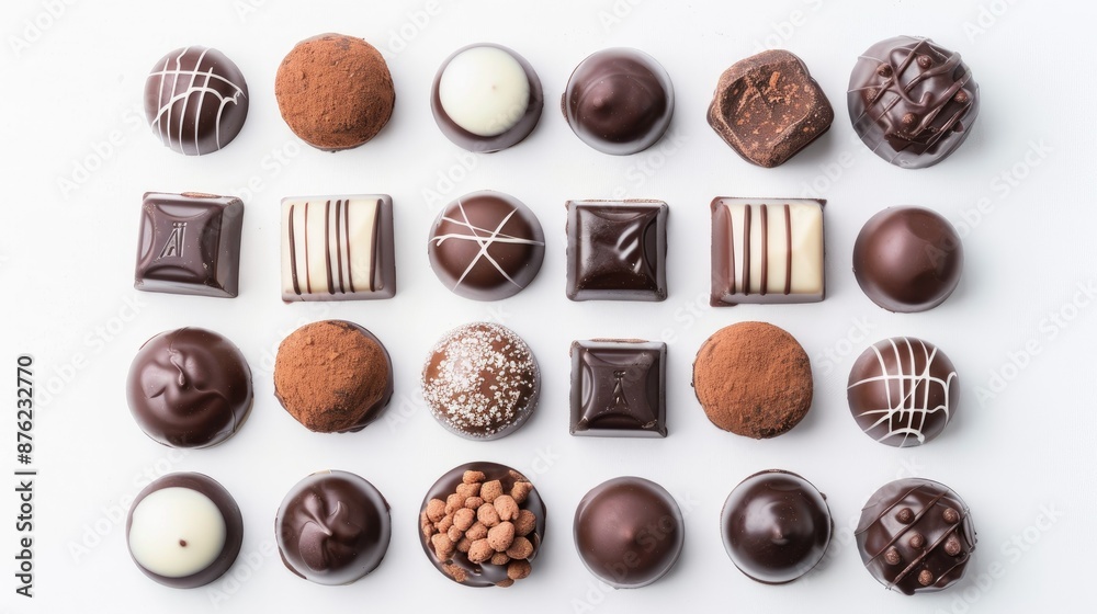 Assorted chocolate bonbons artistically arranged on a clean white backdrop. Assorted chocolate bonbons artistically arranged on a clean white backdrop.