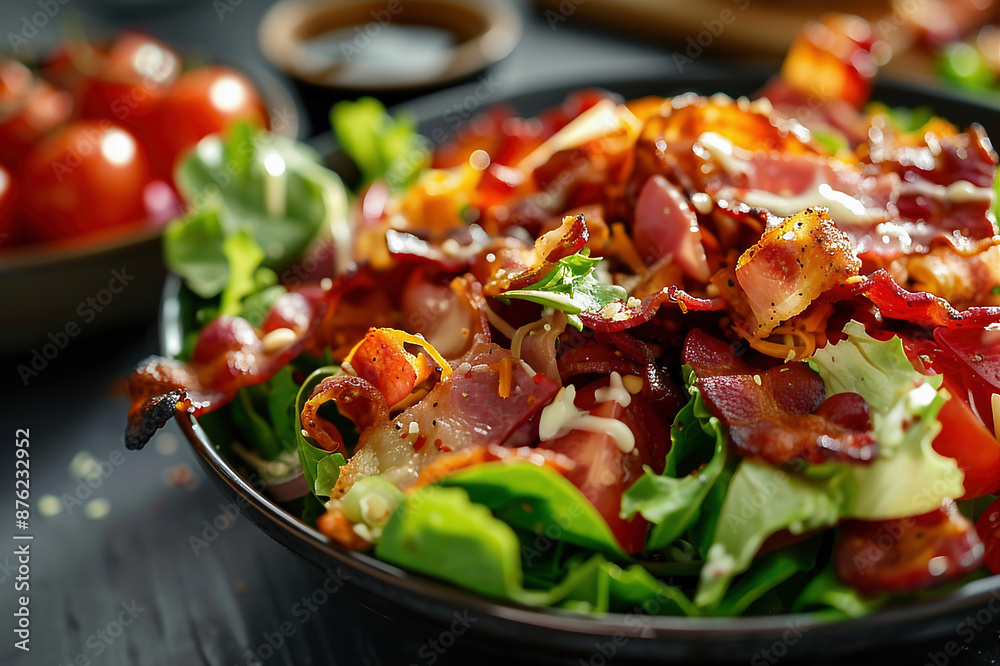 Tasty vegetables veggies salad with bacon, cheese, and egg Tasty vegetables veggies salad with bacon, cheese, and egg