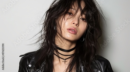 A young woman with tousled hair wearing a leather jacket and a black choker around her neck.